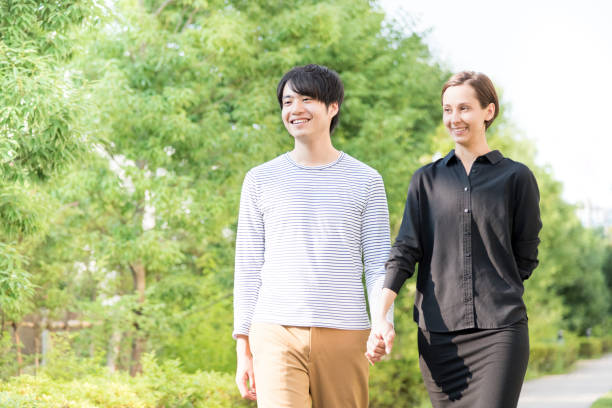 istock International couple walking (Western and Asians) 1200949549