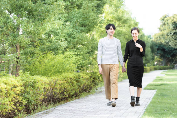 istock International couple walking (Western and Asians) 1200949564