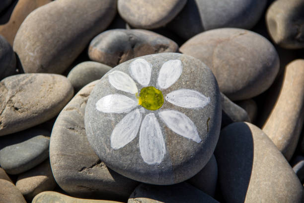 istock Background of sea stones. One pebbles with drawn chamomiles. 1200953607