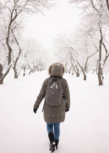 istock Woman wearing cold outerwear walking during snowfall 1200955333