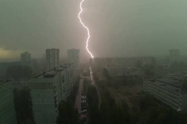 Lightning during a thunderstorm in the sky. Natural phenomenon of electricity, lightning.