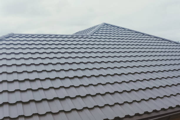 Corrugated metal roof and metal roofing. Modern roof made of met stock photo