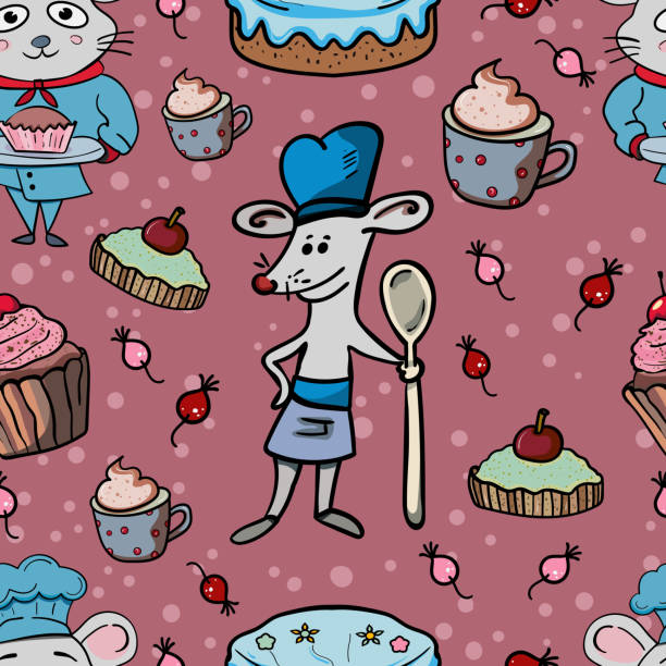 ilustrações de stock, clip art, desenhos animados e ícones de rats or mouse cook in blue uniform. cartoon vector. vector illustration sweet dessert - cartoon chef mouse rat