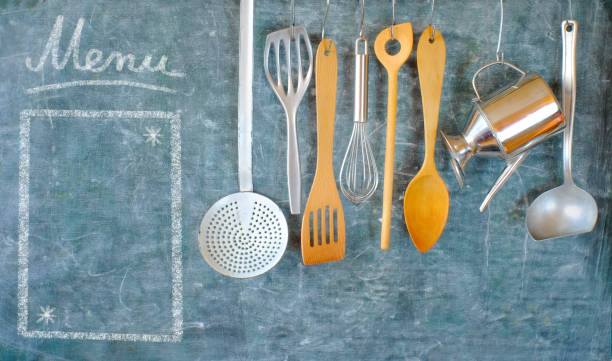 istock Kitchen utensils for commercial kitchen and menu template, restaurant,cooking, culinary concept. 1200957443