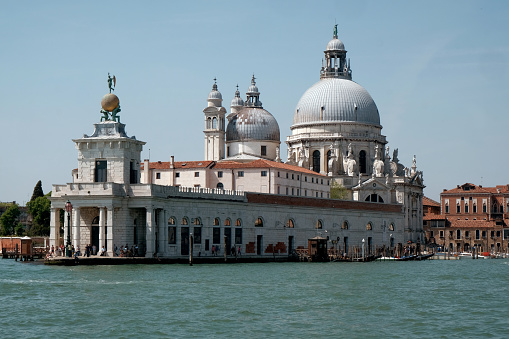 Venice- Italy-26 April 2018: Views of the city of Venice.  The Santa Maria della Salute church.