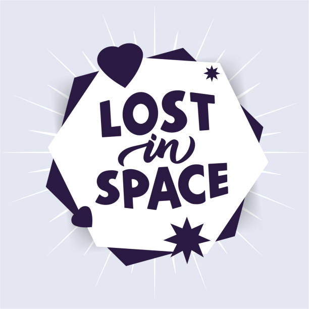 Cosmos phrase. Lost in space quote stylized lettering on abstract form Cosmos phrase. Lost in space quote stylized lettering on abstract form. Comic quotation hand drawn vector clipart. Printable card, sticker, textile, t shirt print, social media post, poster creative design template idea lost in space stock illustrations