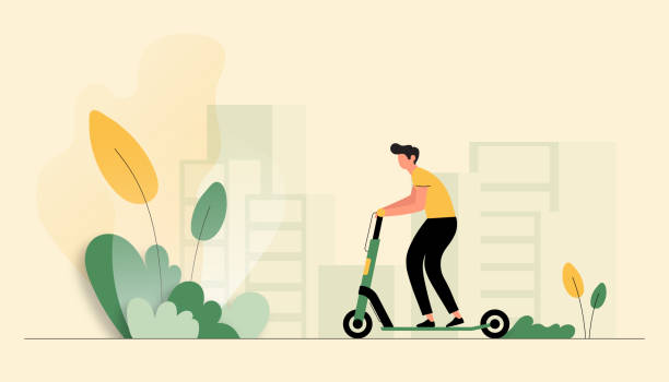 elektrikli scooter sürme genç adam vektör i̇llüstrasyon. web sayfası, banner, sunum vb. için düz modern tasarım - şehir illüstrasyonlar stock illustrations