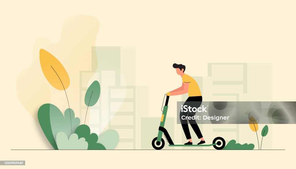 Vector Illustration of Young Man Riding Electric Scooter. Flat Modern Design for Web Page, Banner, Presentation etc. City stock vector