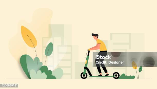Vector Illustration Of Young Man Riding Electric Scooter Flat Modern Design For Web Page Banner Presentation Etc Stock Illustration - Download Image Now