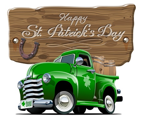 Vector retro cartoon pick-up truck with beer barrels for Happy Saint Patrick's Day Irish celebration design. Beer festival lettering on wood board. EPS-10 separated by groups and layers.