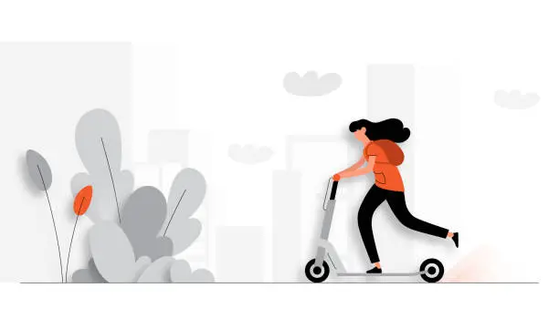 Vector illustration of Vector Illustration of Young Woman Riding Electric Scooter. Flat Modern Design for Web Page, Banner, Presentation etc.