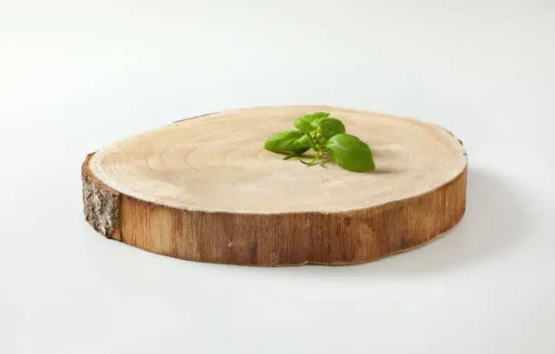 Fresh basil leaves on natural live edge round wood slab