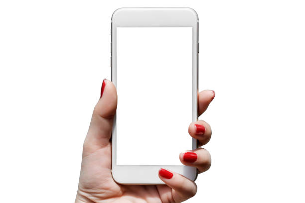 istock Woman hand holding a white phone. And white screen isolated on a white background 1200961985
