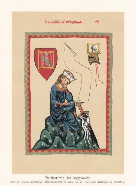 illustrations, cliparts, dessins animés et icônes de walther von der vogelweide (c.1170-c.1230), minnesinger allemand, chromolithographe, publié en 1897 - enluminure