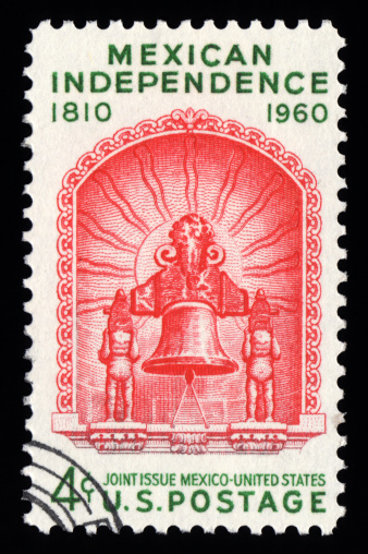 USA postage stamp showing Mexican Independence of 1810 with an engraved image of a bell ringing