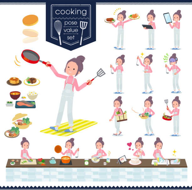 illustrations, cliparts, dessins animés et icônes de flat type salopette bun hair women_cooking - cooking fail