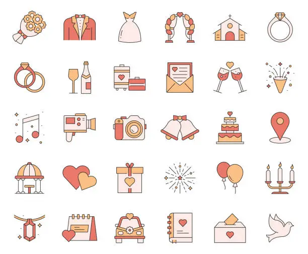 Vector illustration of Simple Set of Wedding Related Vector Line Icons. Outline Symbol Collection