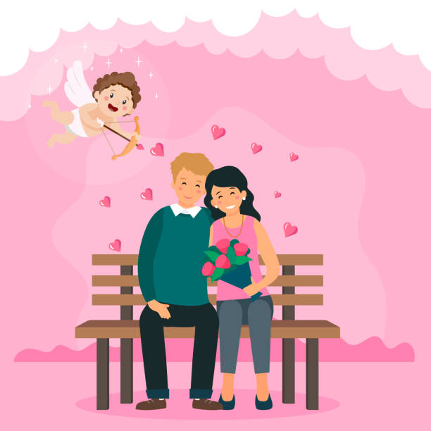 Couple In Love Is Sitting On Park Bench Cartoon Cupid Is Holding Bow And  Shooting Arrow Cute Hearts Decorations Dating Inpark Love Flat Style Vector  Illustration Stock Illustration - Download Image Now -