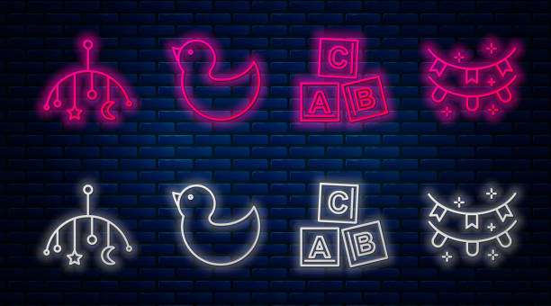 illustrations, cliparts, dessins animés et icônes de ligne de canard en caoutchouc, blocs abc, jouets suspendus de berceau de bébé et guirlande de carnaval avec des drapeaux. icône brillante de néon sur le mur de brique. vecteur - alphabet brick construction toy