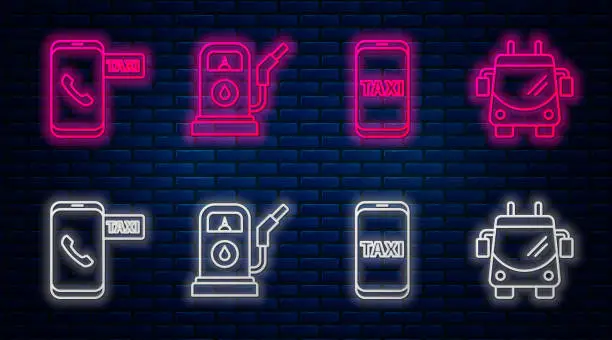 Vector illustration of Set line Petrol or Gas station, Taxi call telephone service, Taxi call telephone service and Trolleybus. Glowing neon icon on brick wall. Vector