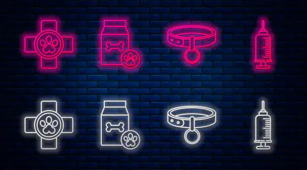 Vector illustration of Set line Bag of food for pet, Collar with name tag, Veterinary clinic symbol and Syringe with pet vaccine. Glowing neon icon on brick wall. Vector