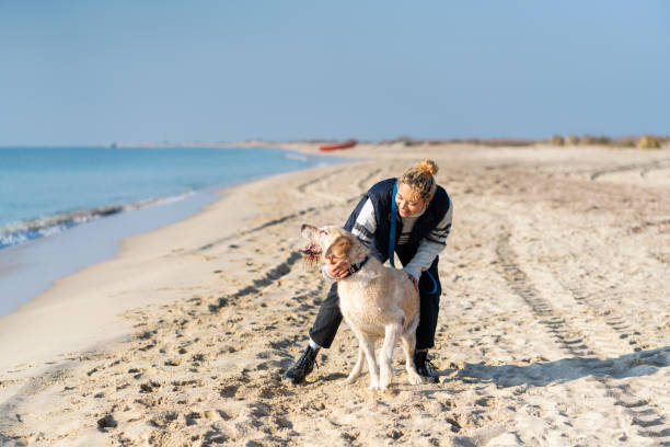 istock Young Woman with her dog on the beach 1200967940