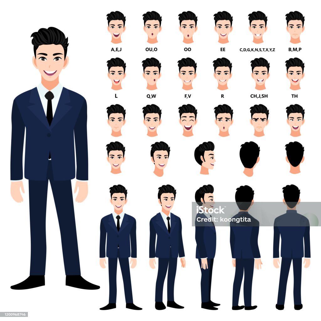 Cartoon Character With Handsome Business Man In Suit For Animation Front  Side Back 34 View Character Separate Parts Of Body Flat Vector Illustration  Stock Illustration - Download Image Now - iStock