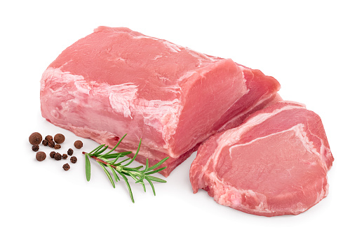 Raw pork meat with rosemary and peppercorn isolated on white background,