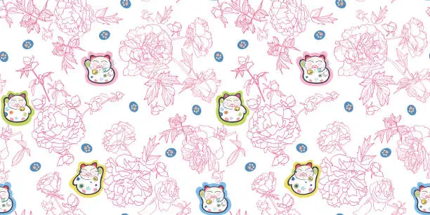 Vector illustration of Botany classic line art peony blossom cat pattern.