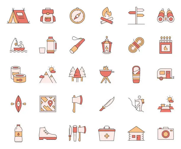 Vector illustration of Simple Set of Camping and Outdoor Recreation Related Vector Line Icons. Outline Symbol Collection.