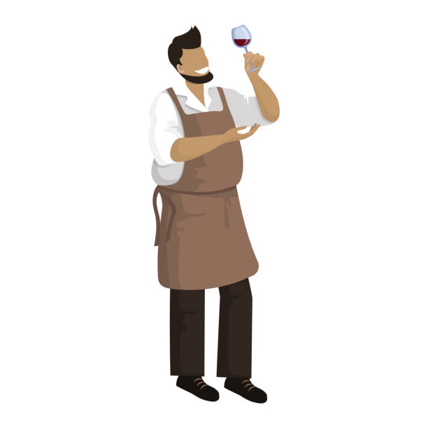 Winemaker is holding glass of red wine and checks it. Winemaker is holding glass of red wine and checks it. Sommelier is testing drink. Wine producer checks wine quality. Flat vector illustration. Winemaking, vinification. Isolated cartoon character. wine and oenology graphic stock illustrations
