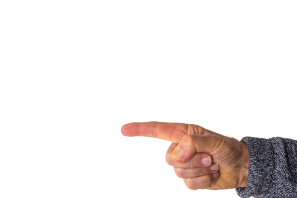 mão direita de um homem em um suéter flecked com cinza com dedo indicador escoado apontando para algo, fundo branco, espaço de cópia - streched out - fotografias e filmes do acervo