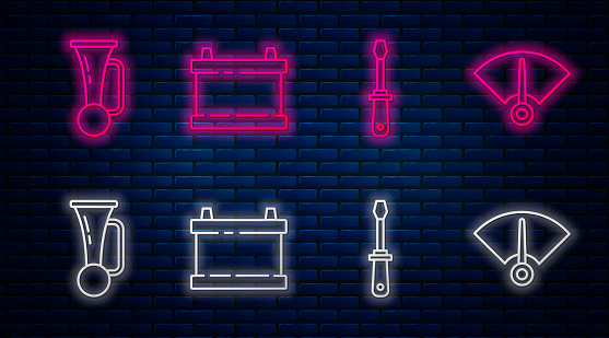 Set line Car battery, Screwdriver, Signal horn on vehicle and Speedometer. Glowing neon icon on brick wall. Vector
