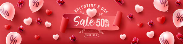 Valentine's Day Sale 50% off Poster or banner with sweet hearts and sweet gifts on red background.Promotion and shopping template or background for Love and Valentine's day concept Valentine's Day Sale 50% off Poster or banner with sweet hearts and sweet gifts on red background.Promotion and shopping template or background for Love and Valentine's day concept discount store illustrations stock illustrations