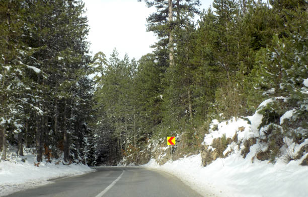 istock Driving the winding road through the woods during the winter 1200976564