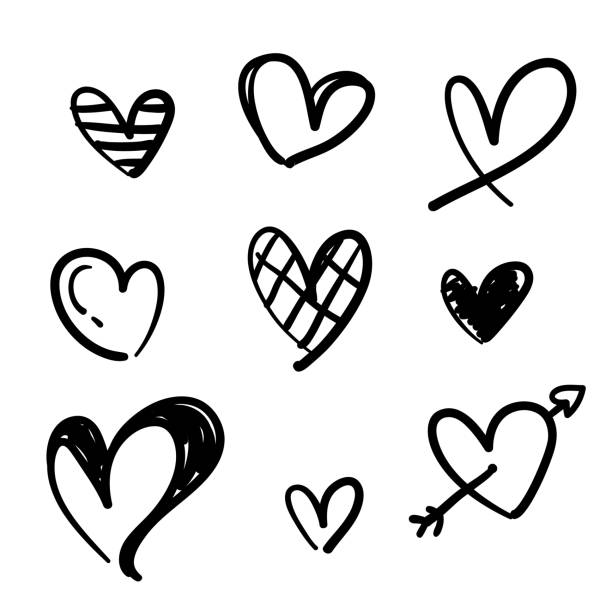 흰색 배경에 고립 된 손으로 그린 낙서 하트의 낙서 컬렉션 세트 - heart shape valentines day love backgrounds stock illustrations