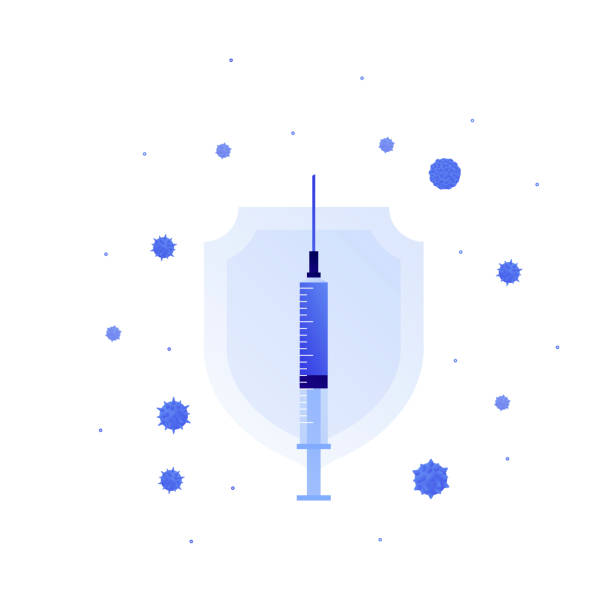 Vaccination medicine concept. Vector flat illustration. Virus sign, blue shield and syringe with vaccine isolated on white. Design element for banner, poster, background, web, healthcare infographic. Vaccination medicine concept. Vector flat illustration. Virus sign, blue shield and syringe with vaccine isolated on white. Design element for banner, poster, background, web, healthcare infographic. flu shot calendar stock illustrations