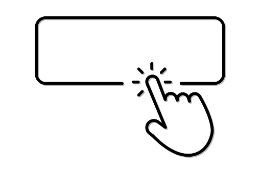 The hand presses a button with an empty space to insert text. Vector illustration.