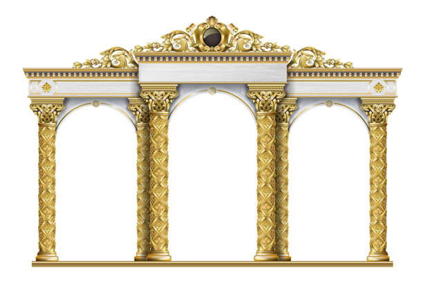 illustrazioni stock, clip art, cartoni animati e icone di tendenza di arcade terrazza d'oro palazzo ingresso - column roman vector architecture