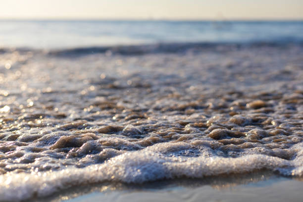 istock Soft wave from sea come to wet sand beach with blur clear sky background. With copy space for text or design 1200981427