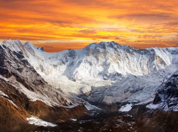 Morning panoramic view of Mount Annapurna 1 from Annapurna south base camp, Nepal Himalayas mountains, rouns Annapurna circuit trekking trail