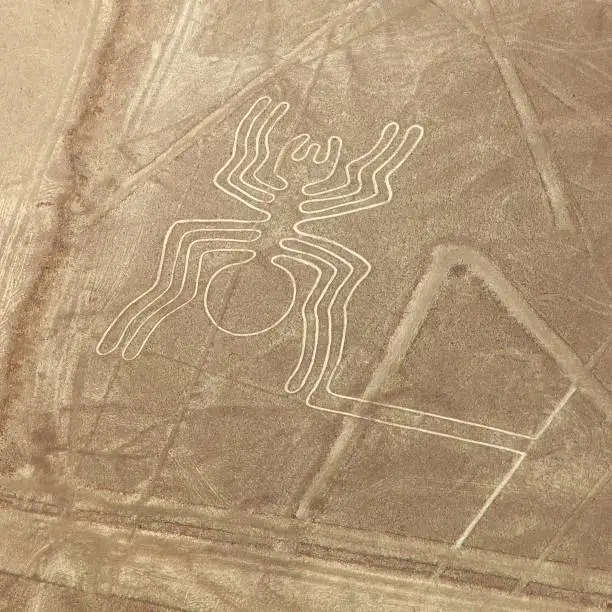 Spider geoglyph, Nazca mysterious lines and geoglyphs aerial view, landmark in Peru
