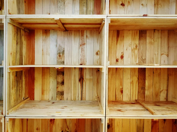 istock Full Frame Background of Empty Grungy Wooden Shelves 1200986944