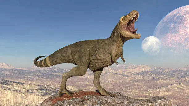 Photo of T-Rex Dinosaur, Tyrannosaurus Rex reptile roaring, prehistoric Jurassic animal in deserted nature environment, 3D illustration