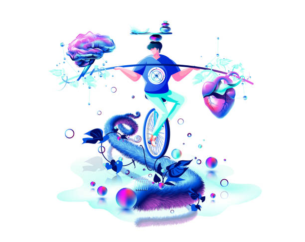 harmony illustration man circus performer riding unicycle on rope inner balance in hand equilibrium counterpoise between heart and brain Stock vector isolated abstract modern harmony illustration man circus performer riding unicycle rope inner balance hand equilibrium counterpoise between heart brain mind perpetual motion machine perpetual motion machine stock illustrations