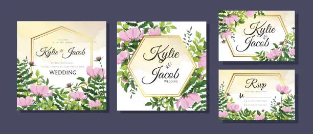 Vector illustration of Set wedding invite, invitation, thank you, greeting rsvp card. Design with watercolor pink wild flowers, green leaves greenery foliage bouquet and golden frame. Vector cute rustic delicate layout.