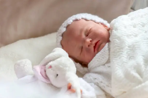 reborn baby girl doll in a cot holding a small toy  selective focus to ad copy space