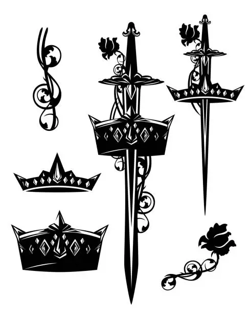 Vector illustration of medieval sword, royal crown, dagger and rose flower black and white vector heraldry