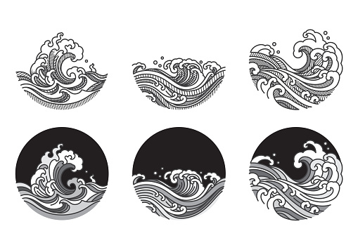 Water wave line art vector illustration. Single line and gray color tone and shadow shade. Japanese. Thai.