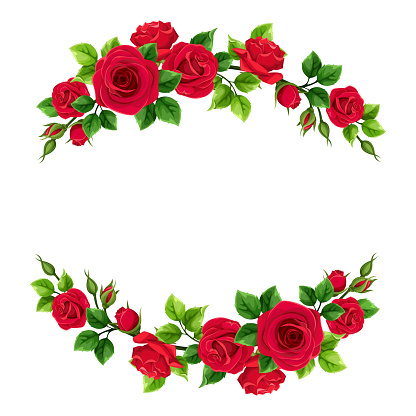 Valentine’s day frame with red roses and green leaves. Vector illustration.